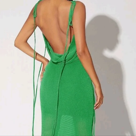 shein.Bae.Elegant Green Open Back Drawstring Shoulder Sparkly Dress Size L - Picture 4 of 12